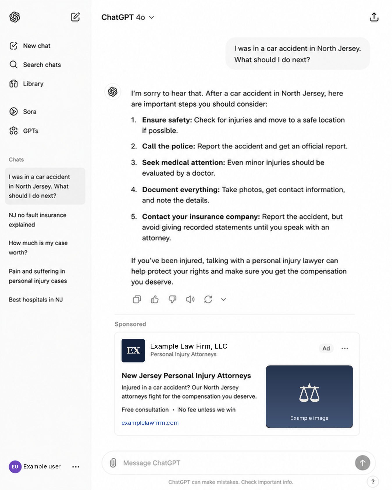 Example sponsored law firm ad below a ChatGPT answer about a car accident