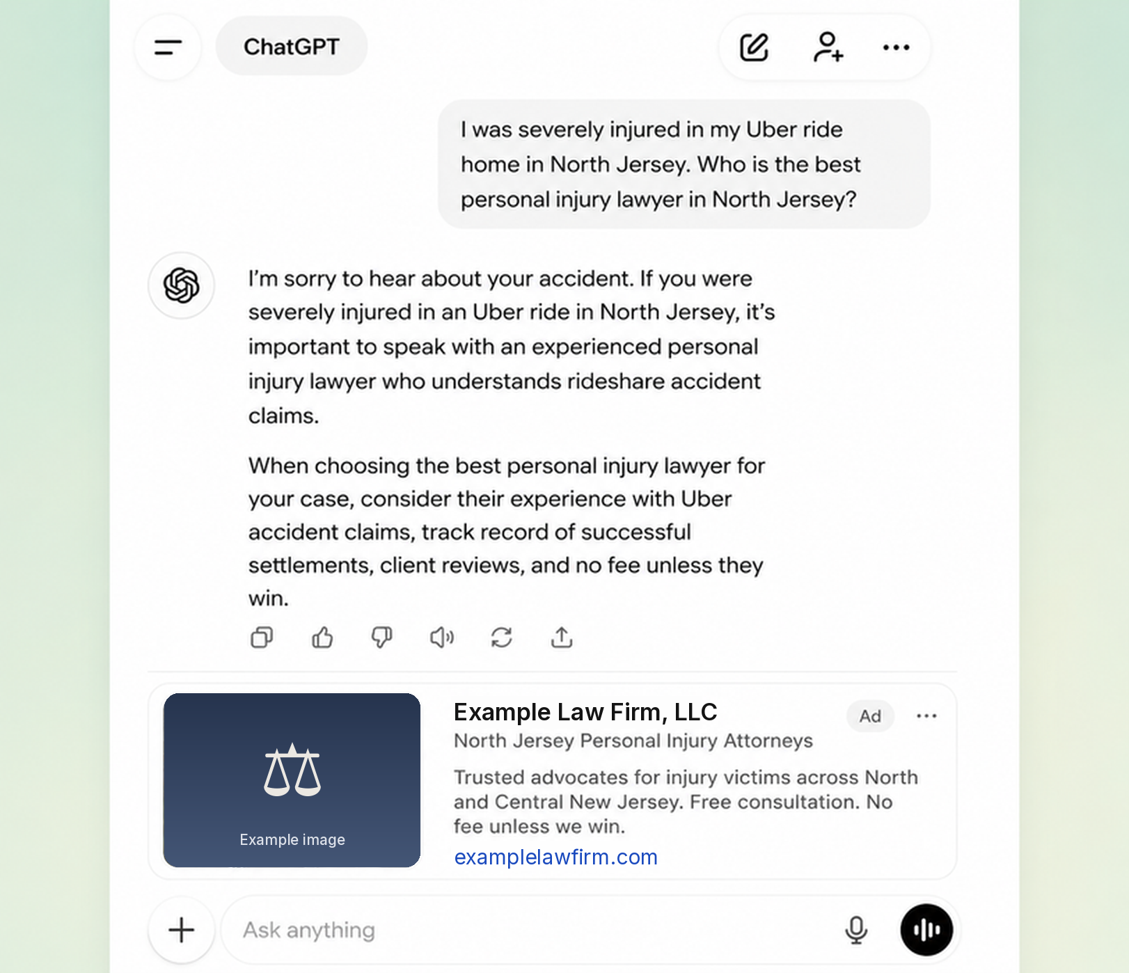 Example law firm ad above the ChatGPT chat box on mobile
