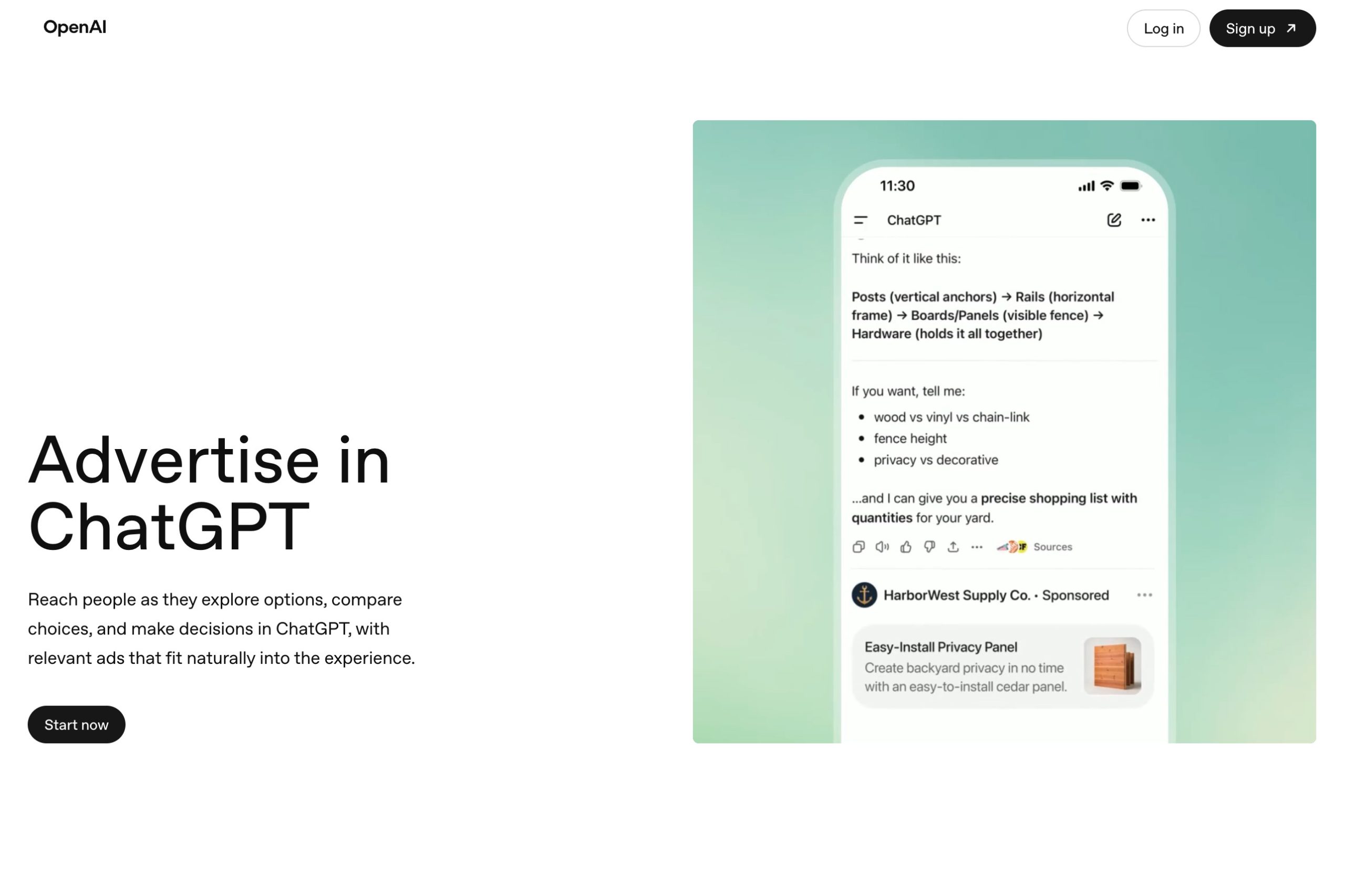 OpenAI Advertise in ChatGPT homepage showing a sponsored ad in a ChatGPT conversation